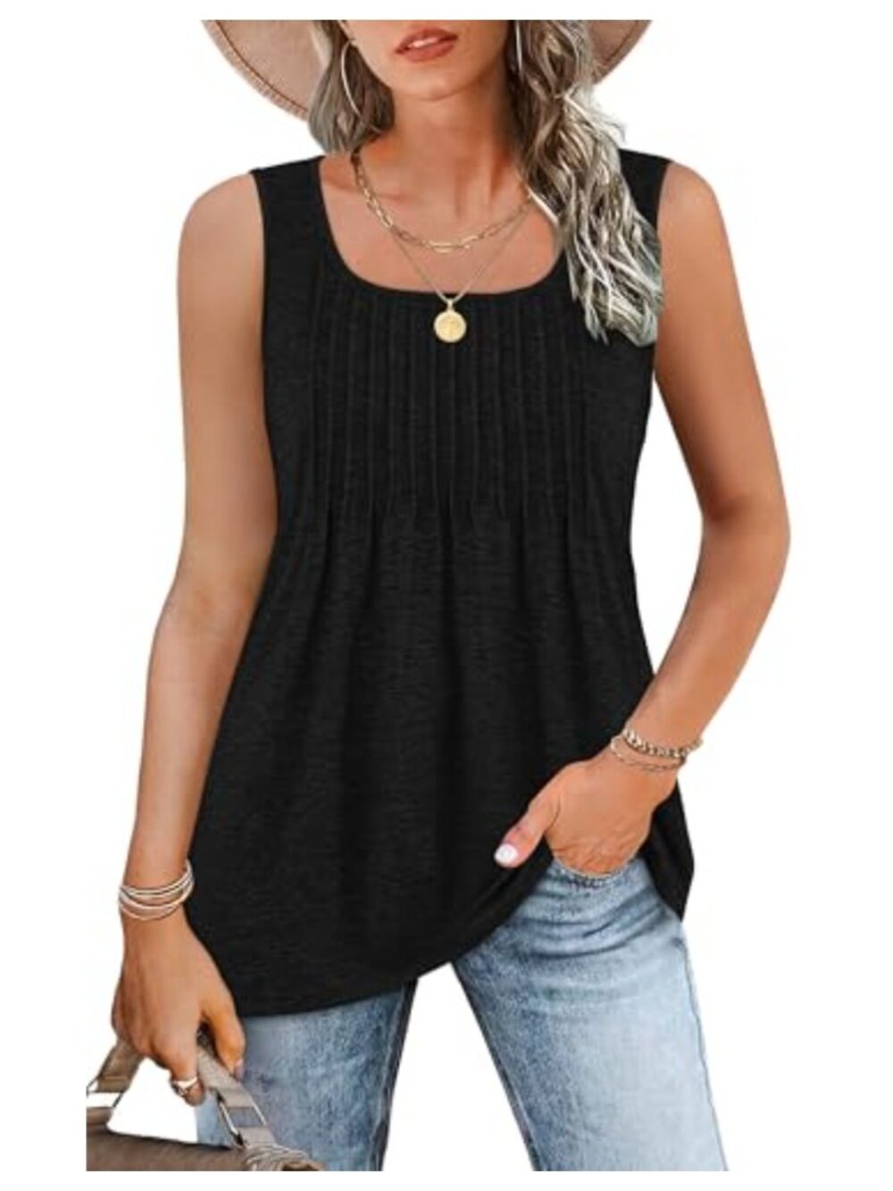 Women's Sleeveless Square Neck Tank Top with Front Pleats and Flowy Hem